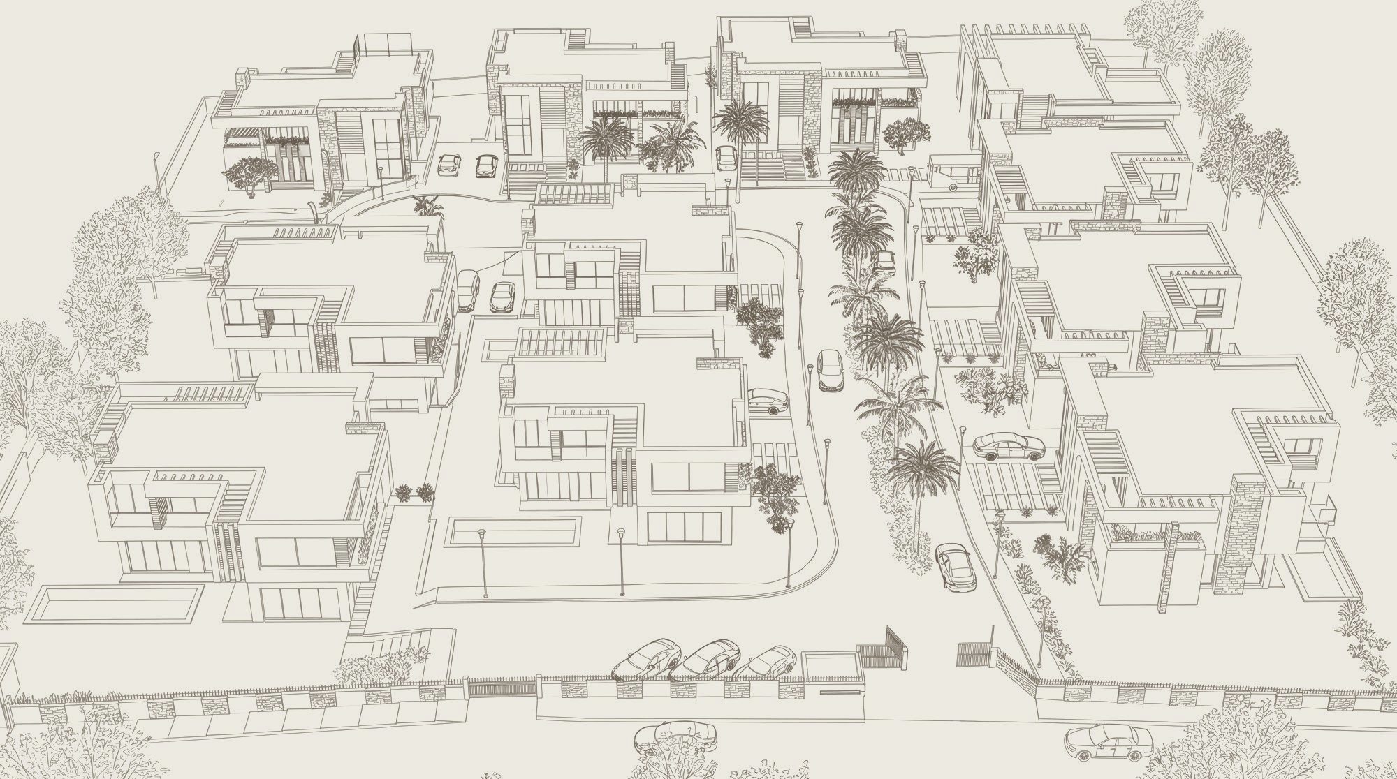 Le domaine Eleven Park vu du ciel, dessin d’étude