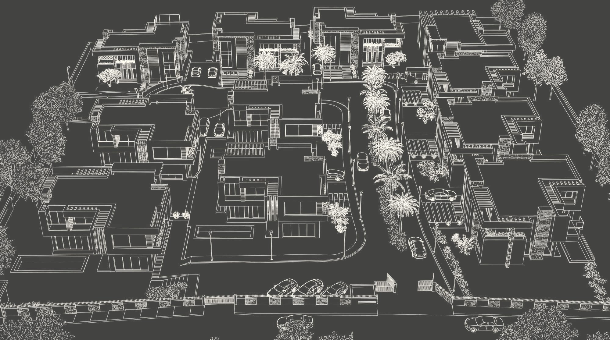 Le domaine Eleven Park vu du ciel, dessin d’étude