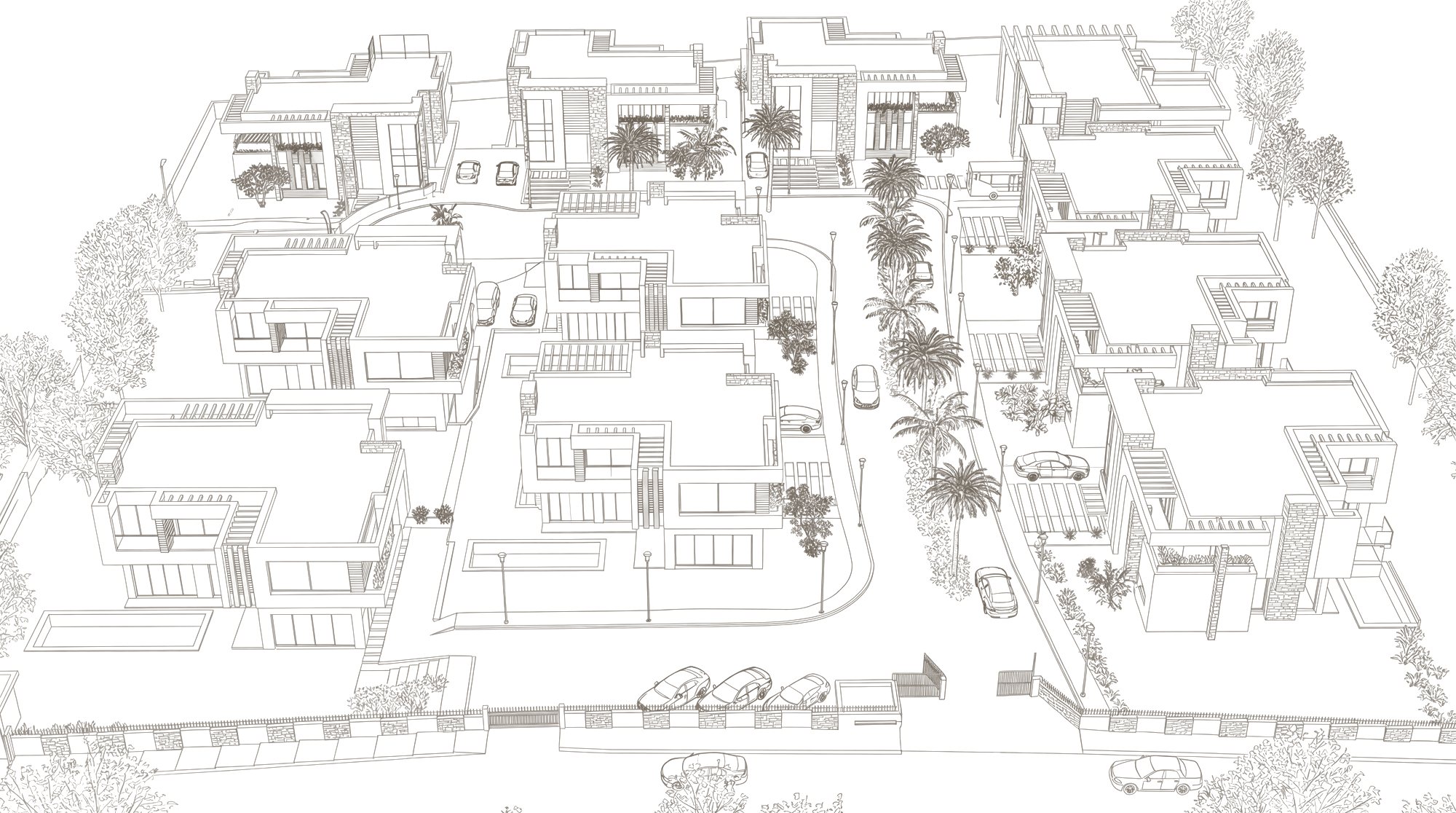 Le domaine Eleven Park vu du ciel, dessin d’étude