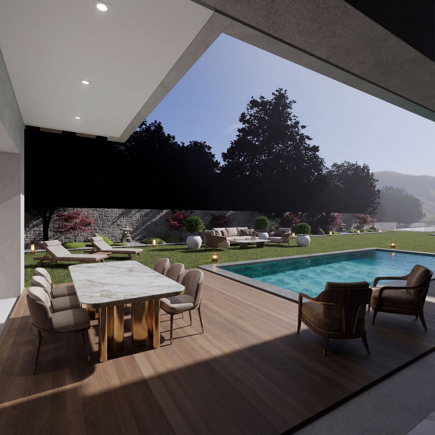 La terrasse, la piscine et le jardin