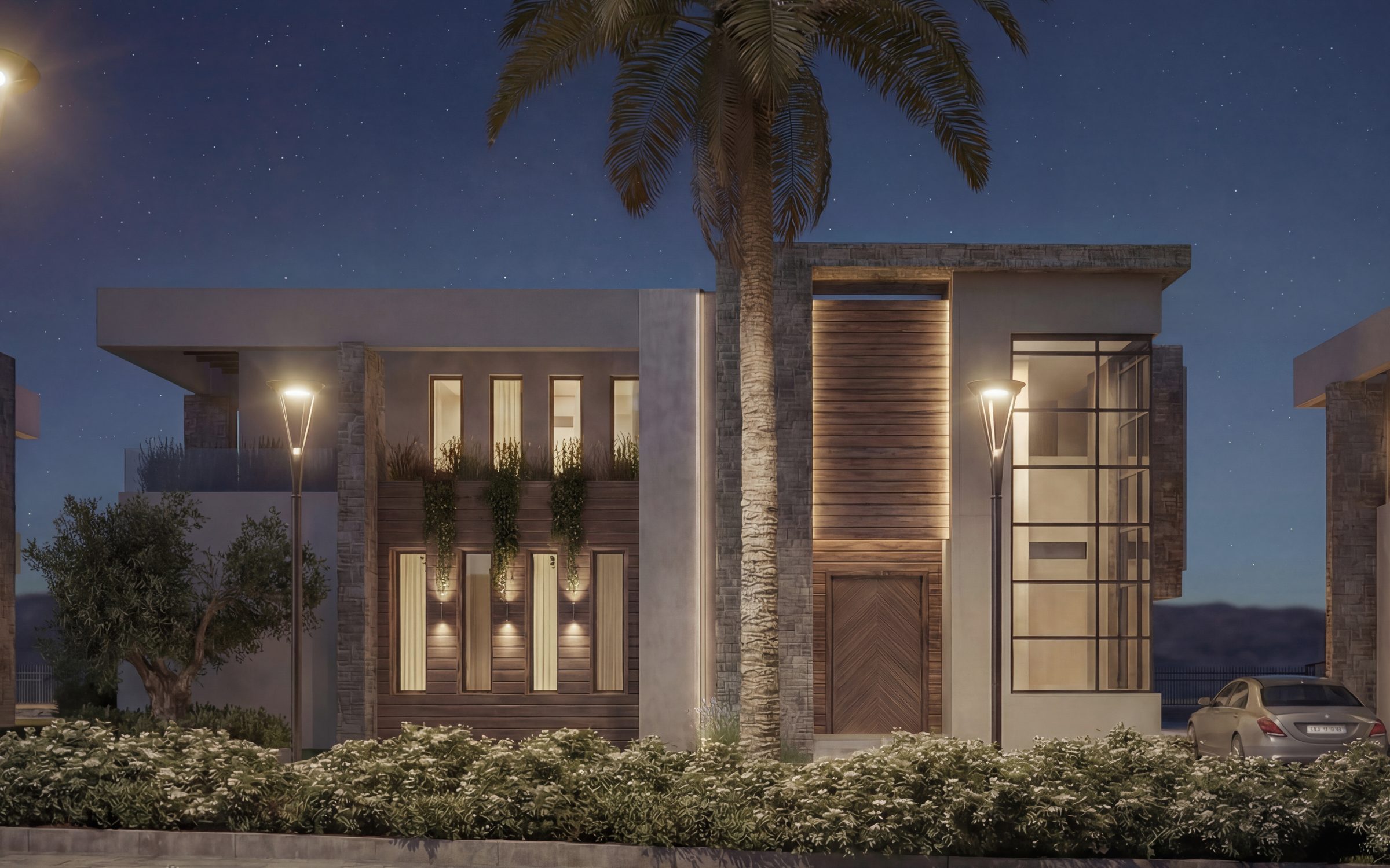Façade d’une villa principale d’Eleven Park, de nuit, route des Zaers, El Menzeh