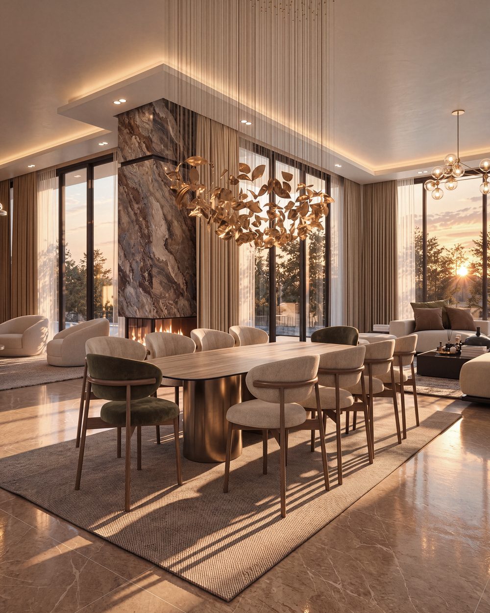 Villa d’exception d’Eleven Park : la salle à manger et sa cheminée