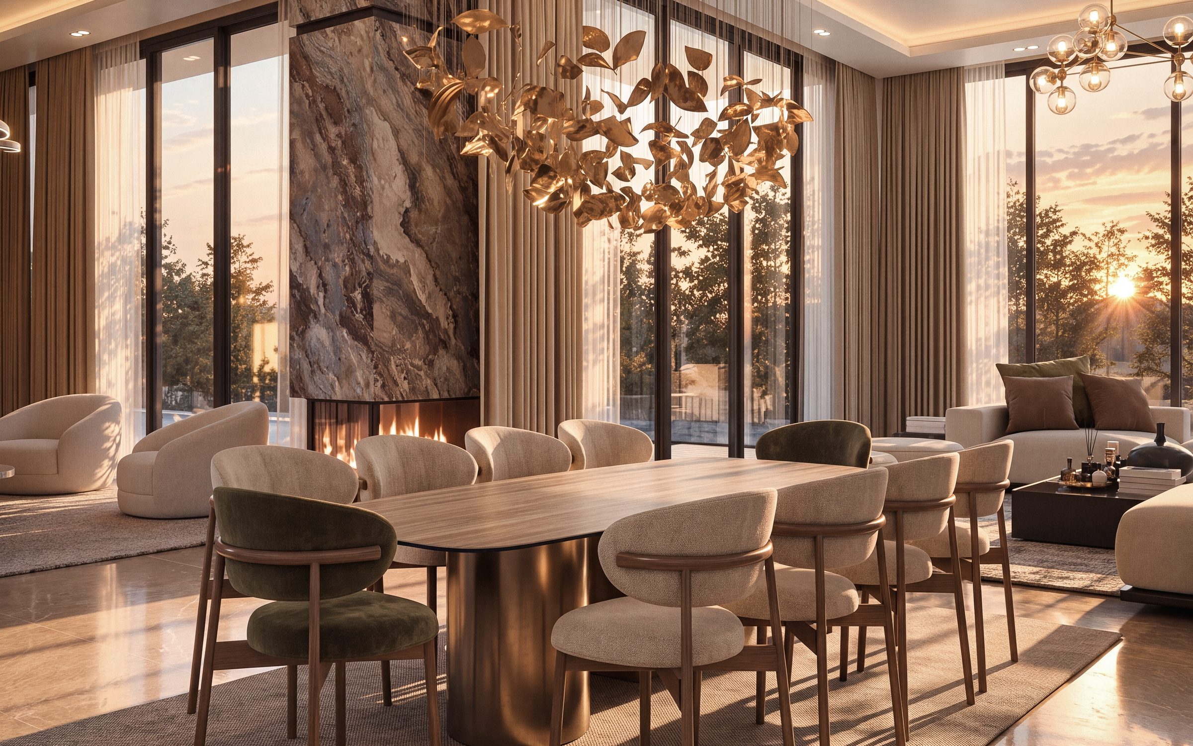 Salle à manger et cheminée de la villa d’exception d’Eleven Park, route des Zaers, El Menzeh