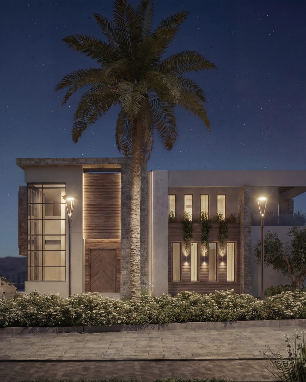 Villas principales d’Eleven Park : façade de nuit