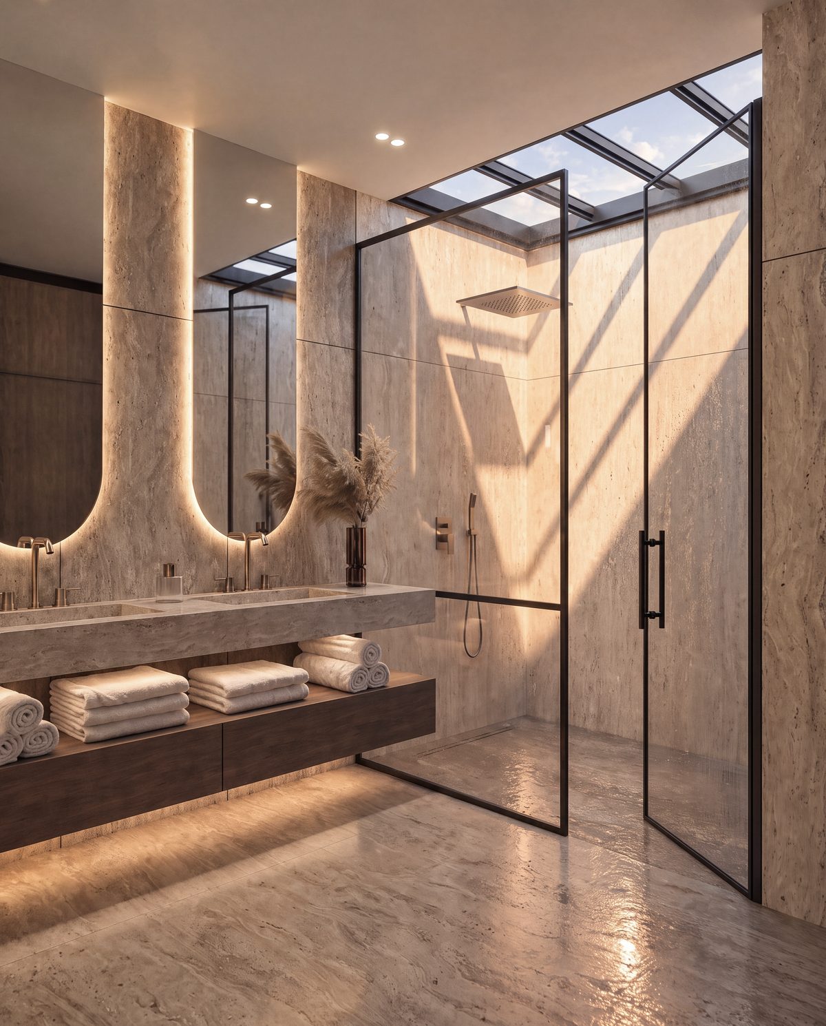 Salle de bain de la chambre d’enfant de la villa 7 d’Eleven Park, douche sous verrière