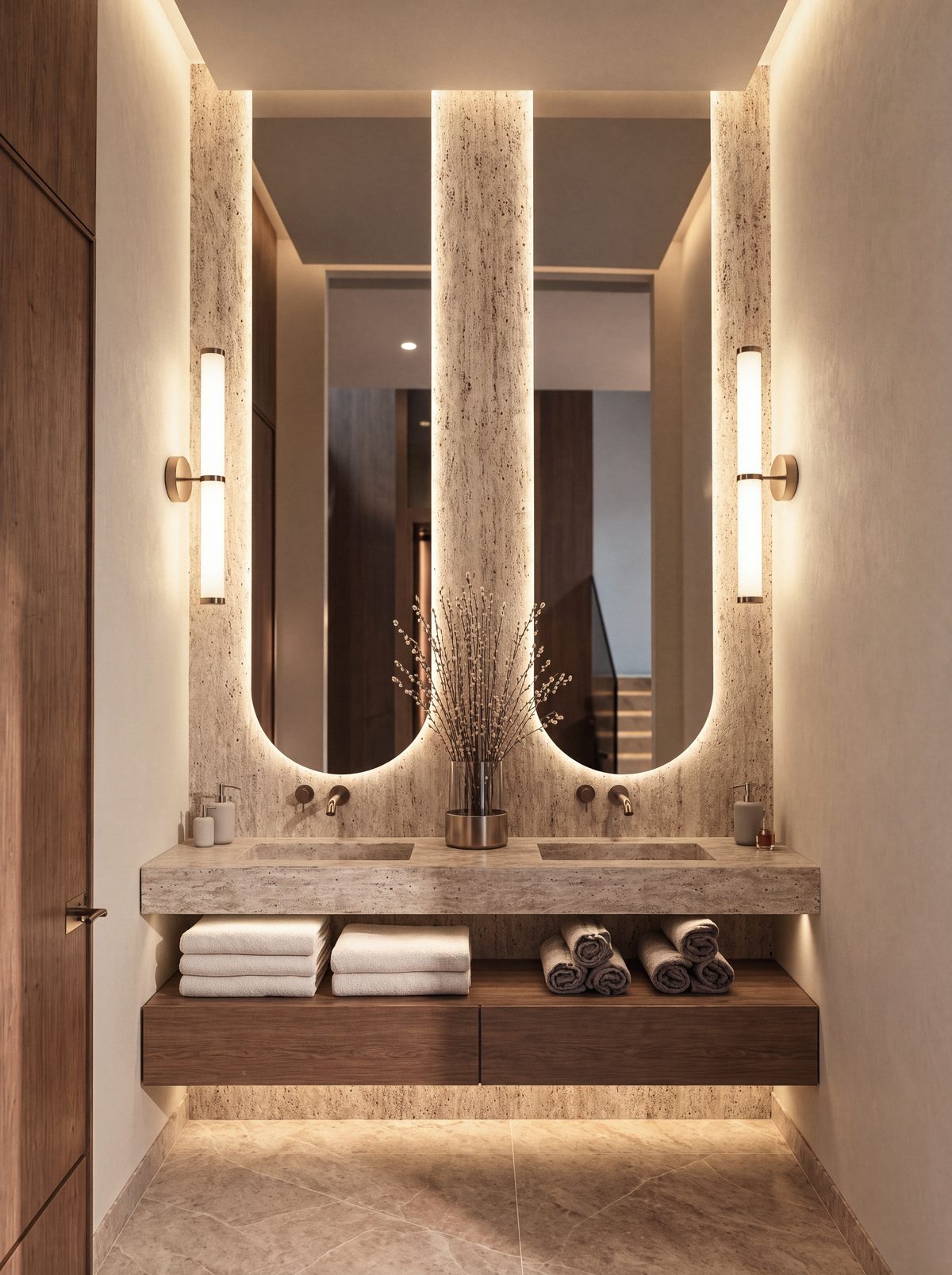 Salle d’eau des invités de la villa 7 d’Eleven Park, double vasque et miroirs en arche, travertin