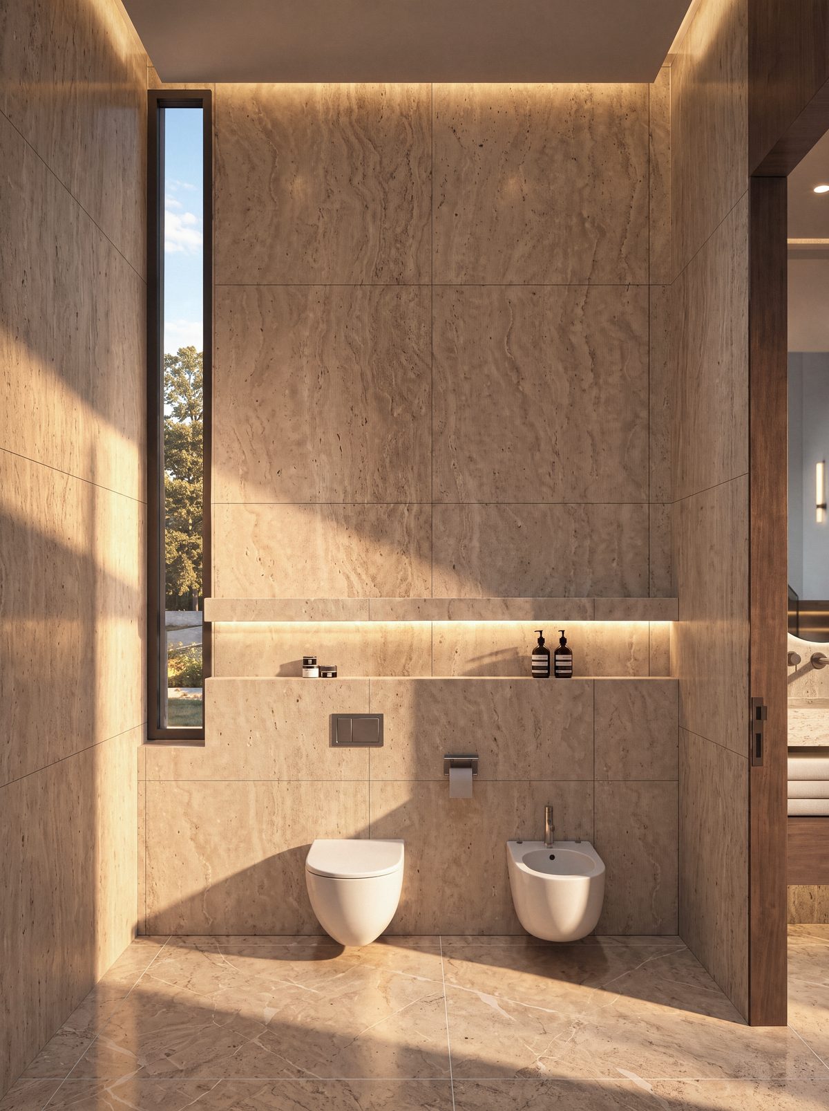 Salle d’eau des invités de la villa 7 d’Eleven Park, murs de travertin