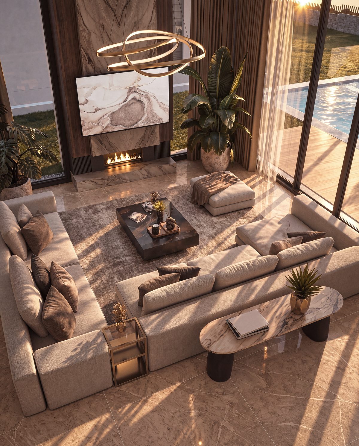 Salon cheminée de la villa 7 d’Eleven Park, ouvert sur la terrasse et la piscine