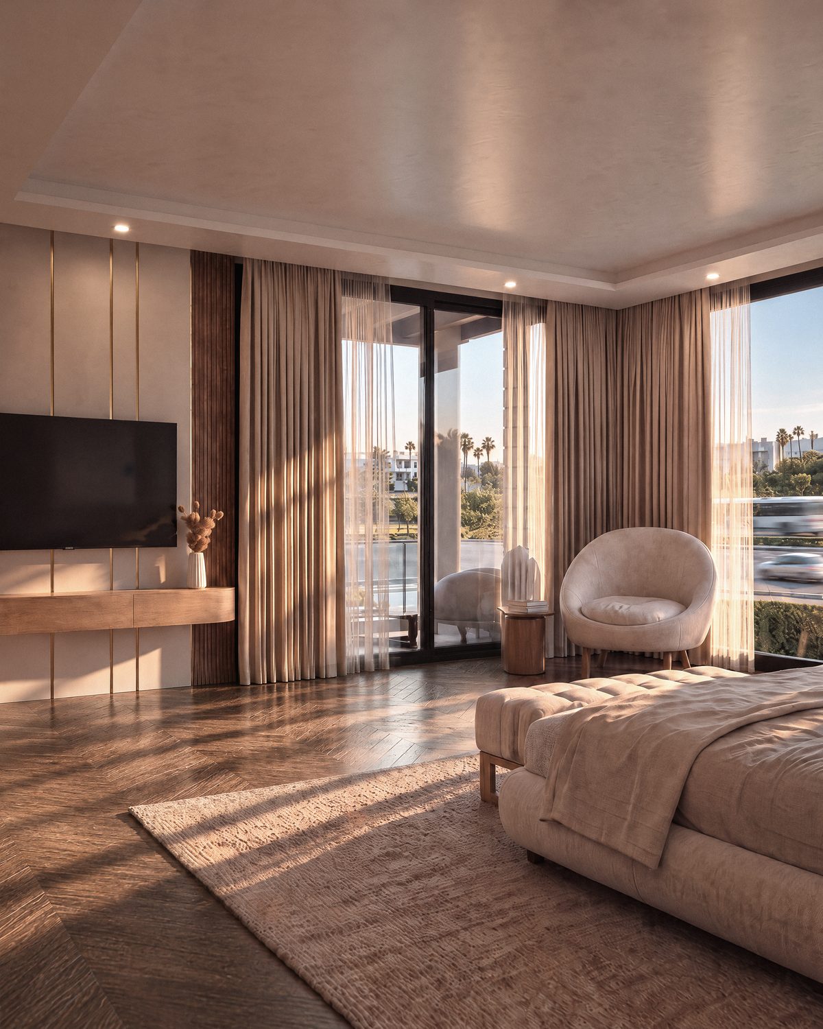 Chambre de la suite parentale de la villa 7 d’Eleven Park, grande baie sur le jardin