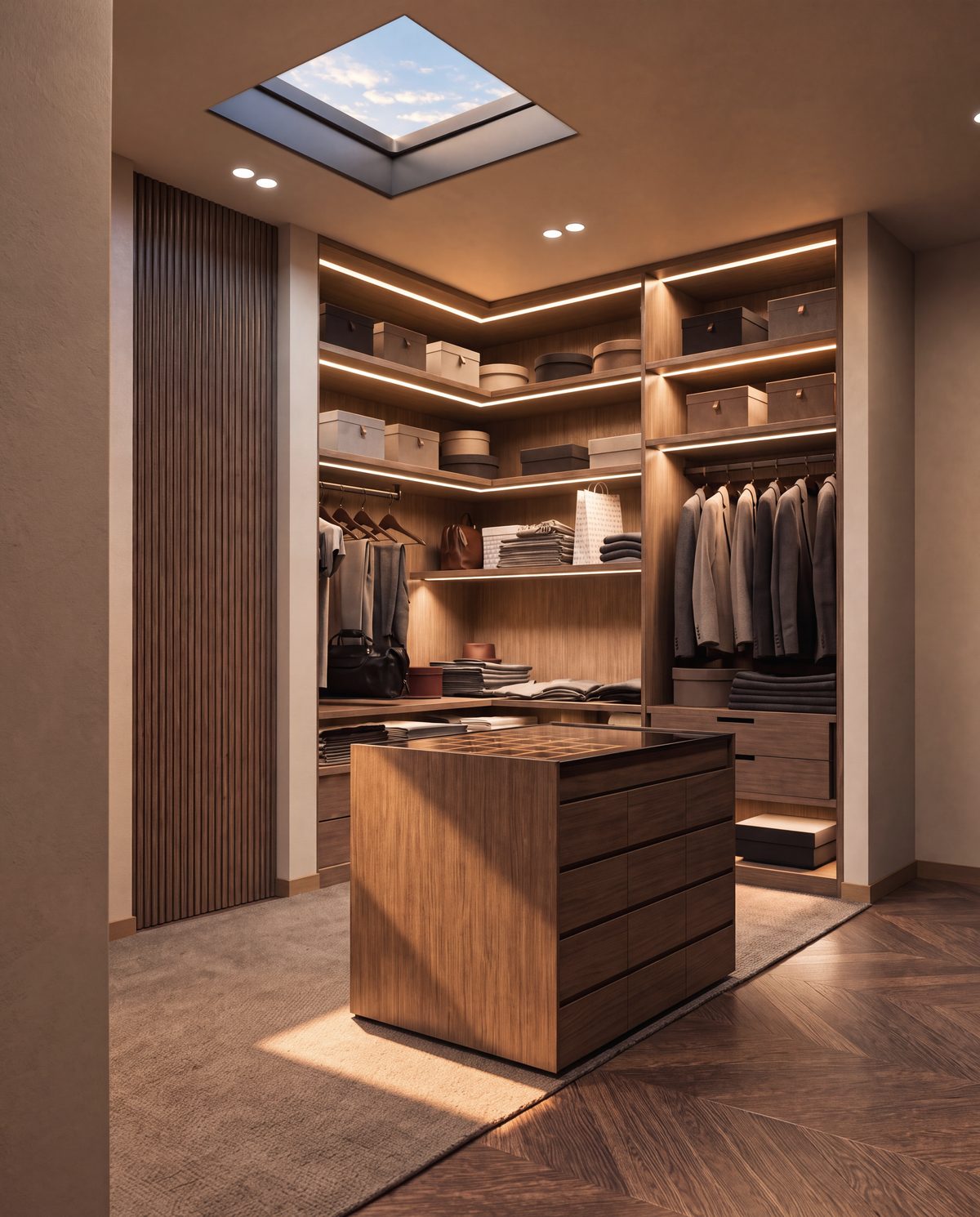 Dressing en noyer de la suite parentale de la villa 7 d’Eleven Park, îlot central