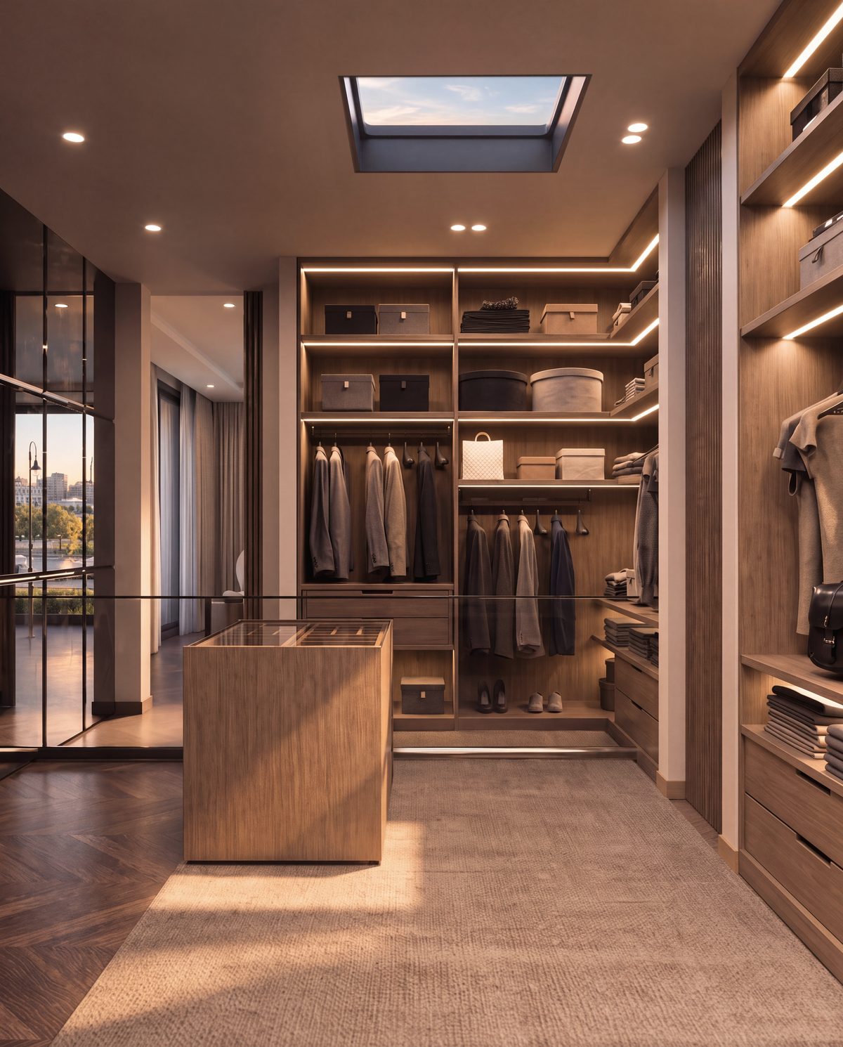 Dressing de la suite parentale de la villa 7 d’Eleven Park, noyer et verrière