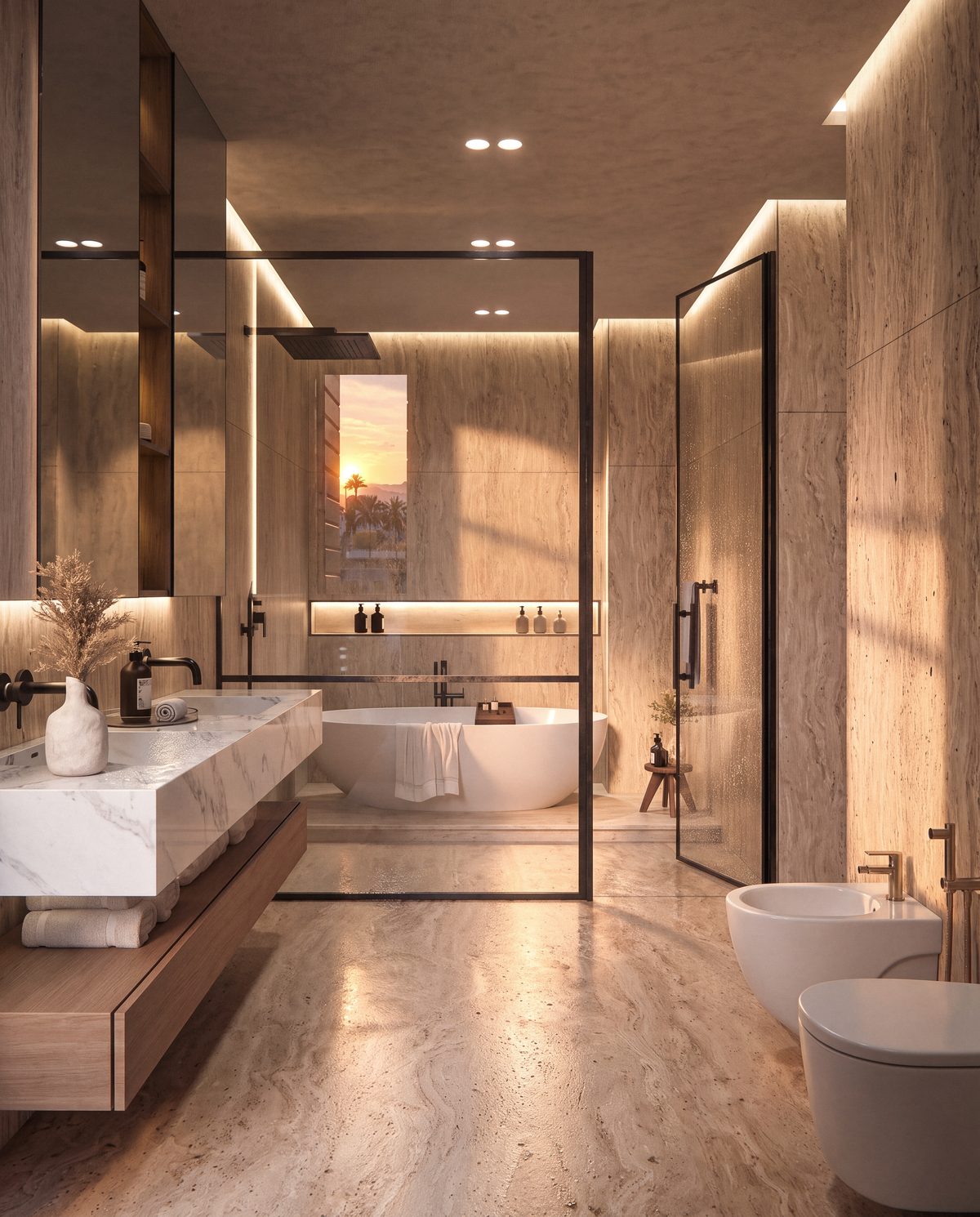 Salle de bain de la suite parentale de la villa 7 d’Eleven Park : baignoire îlot, douche à l’italienne, travertin