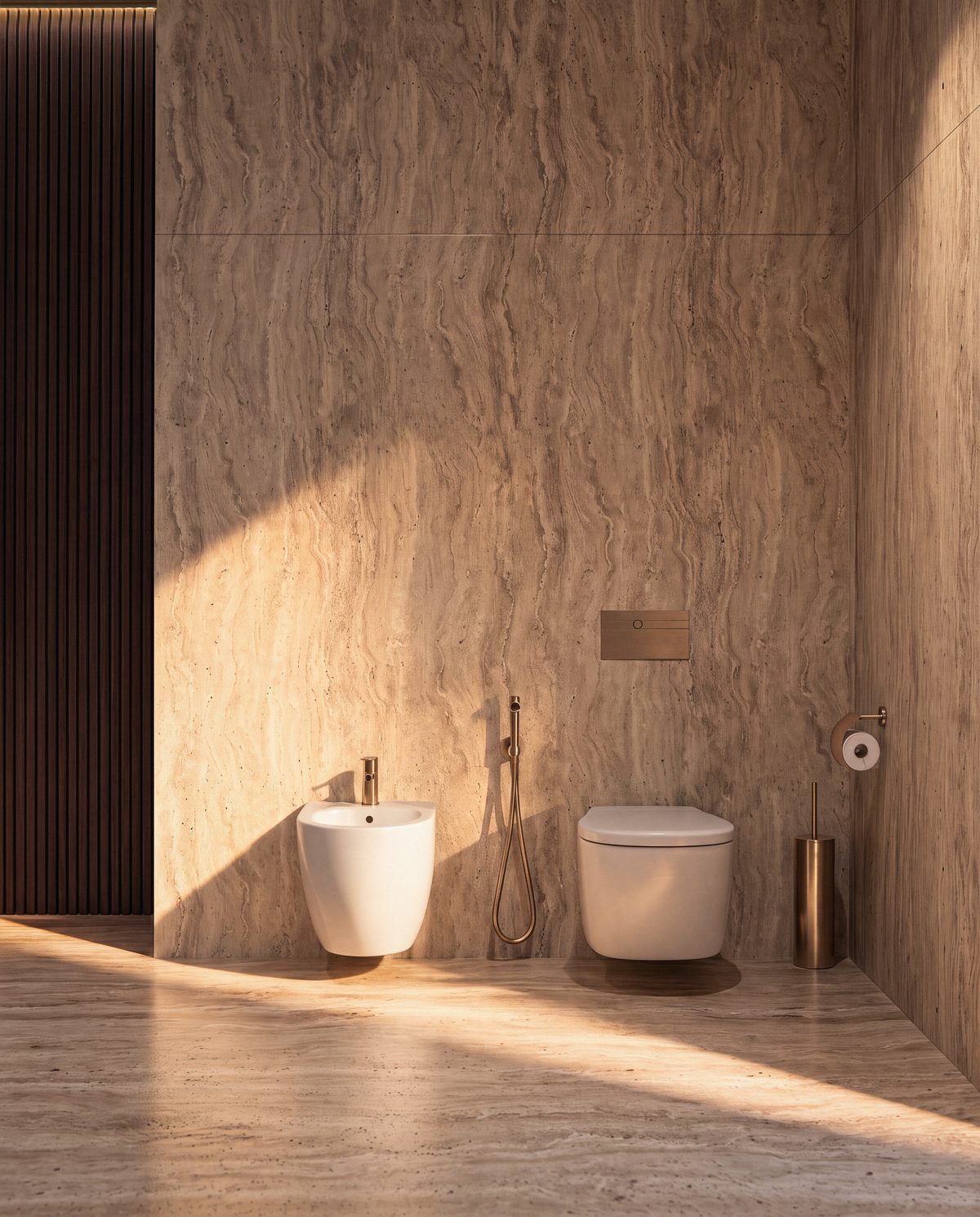 Salle de bain de la suite parentale de la villa 7 d’Eleven Park, murs de travertin
