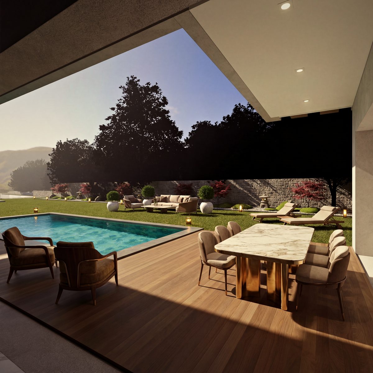 Terrasse couverte de la villa 7 d’Eleven Park, grande table face à la piscine et au jardin, route des Zaers