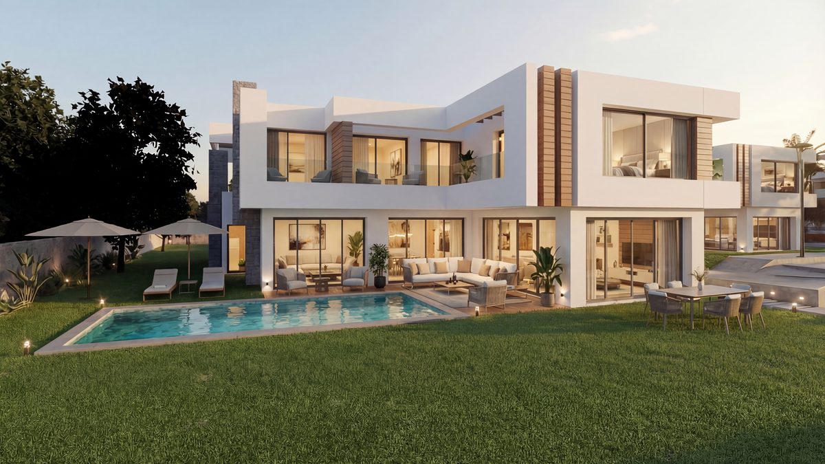 Villa 9 d’Eleven Park au crépuscule, sa piscine privée et son jardin, route des Zaers, El Menzeh