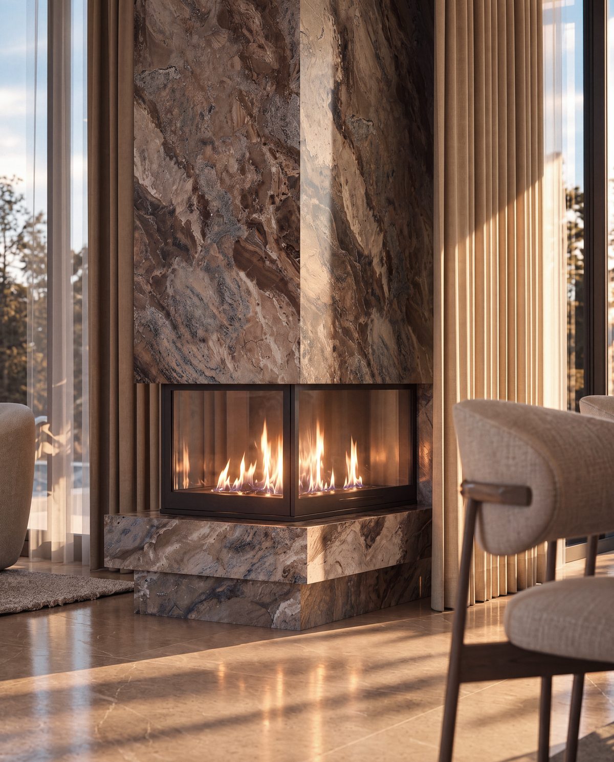 Cheminée vitrée sur trois côtés, habillée de marbre, de la villa d’exception d’Eleven Park