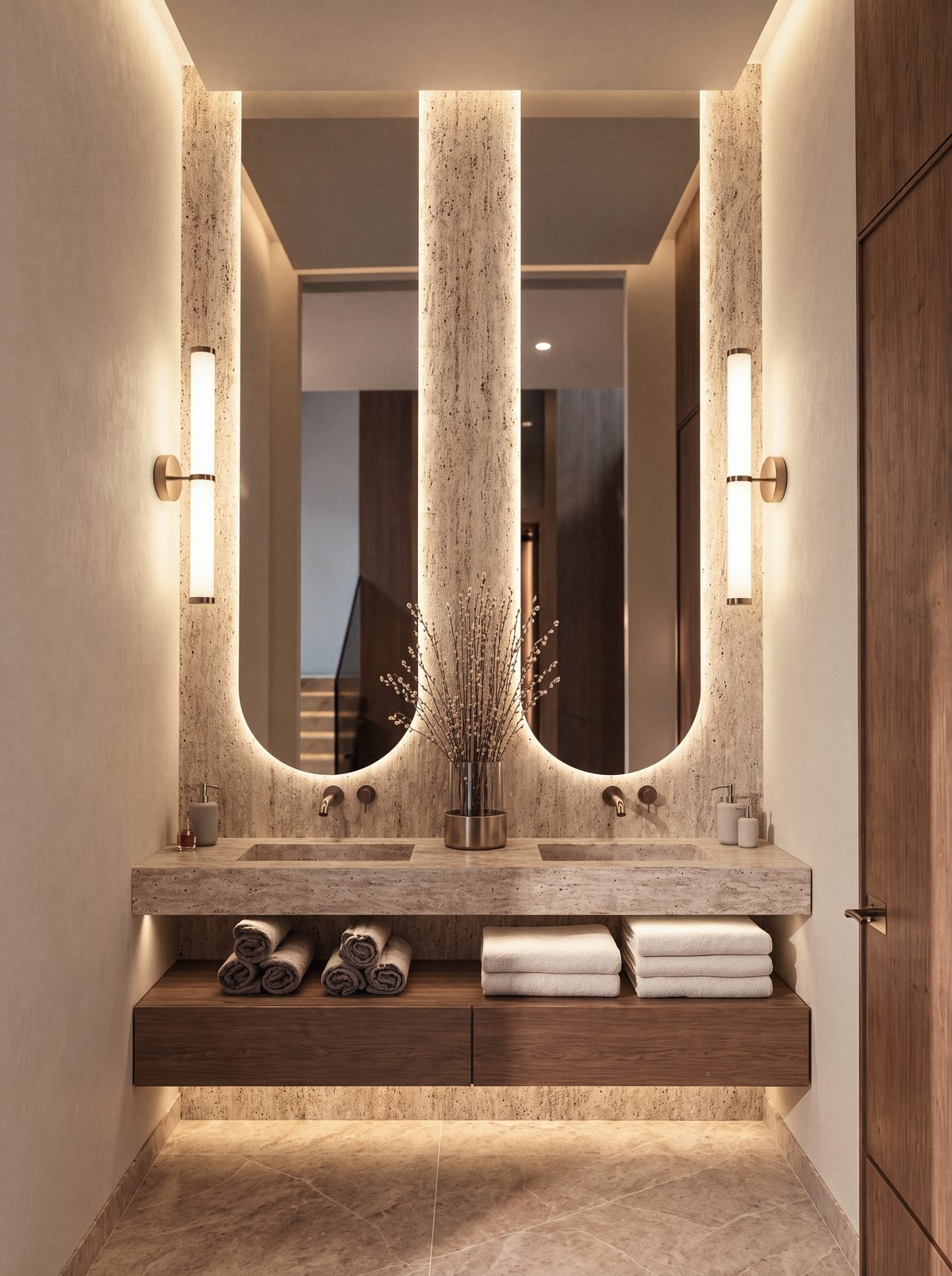 Salle d’eau des invités d’une villa Eleven Park, double vasque et miroirs en arche, travertin