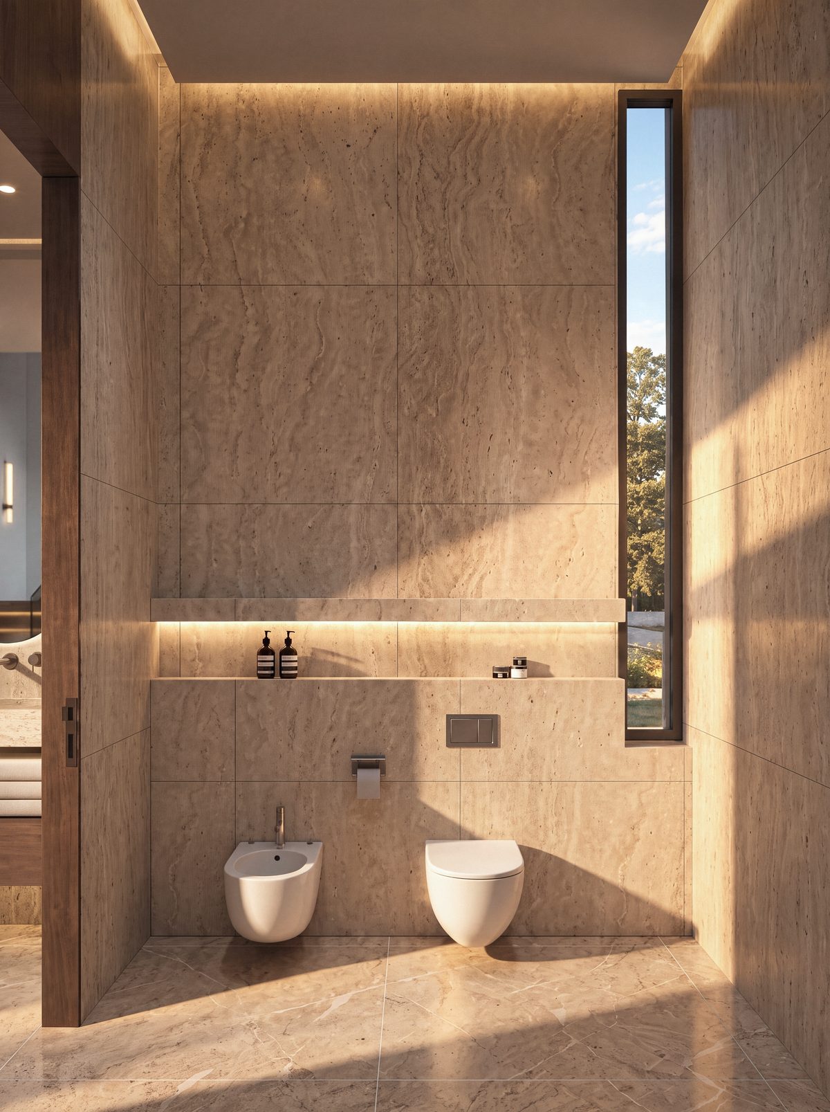 Salle d’eau des invités d’une villa Eleven Park, murs de travertin