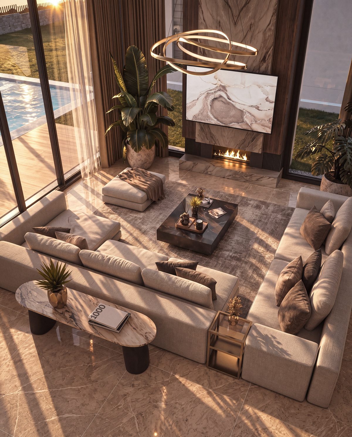 Le salon cheminée d’une villa Eleven Park, ouvert sur la terrasse et la piscine
