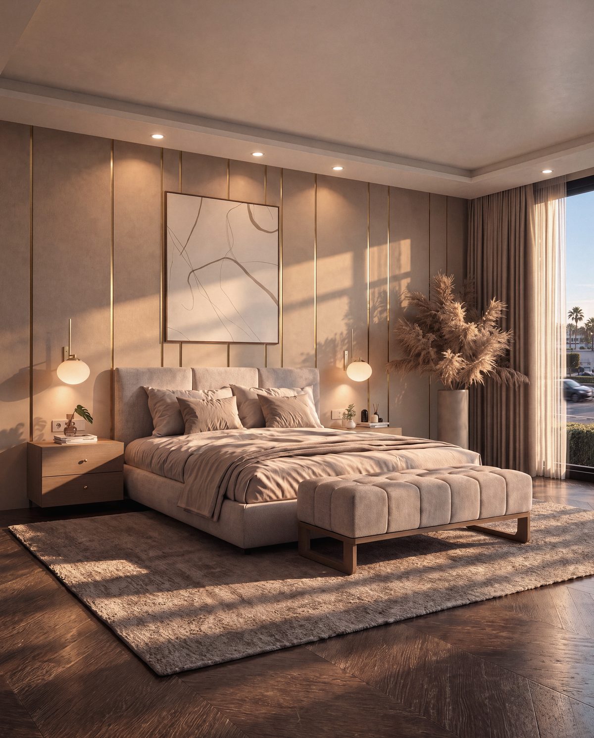 La chambre de la suite parentale, à l’étage d’une villa Eleven Park