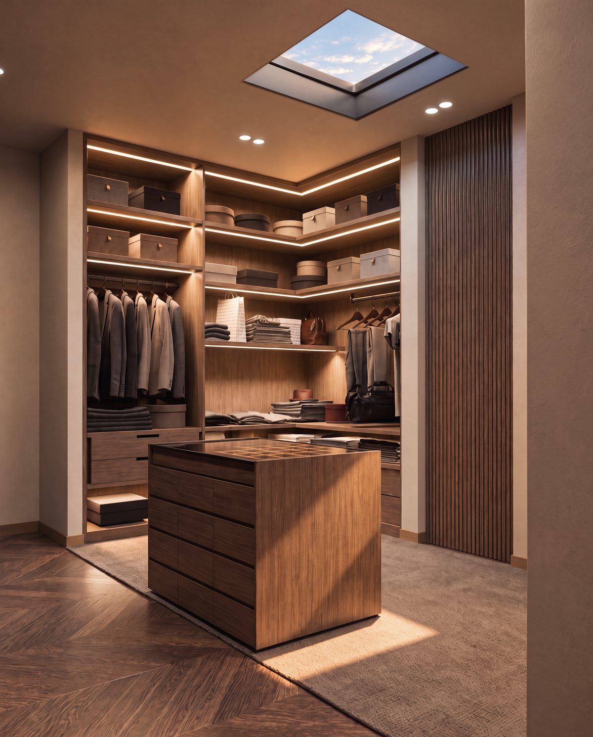Dressing en noyer de la suite parentale d’une villa Eleven Park, îlot central