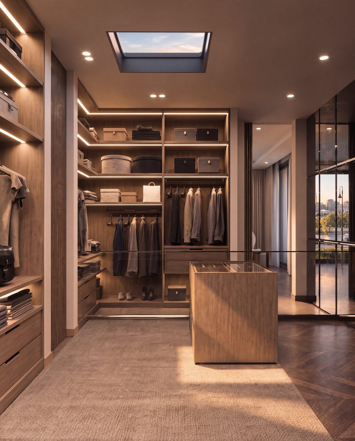Dressing de la suite parentale d’une villa Eleven Park, noyer et verrière