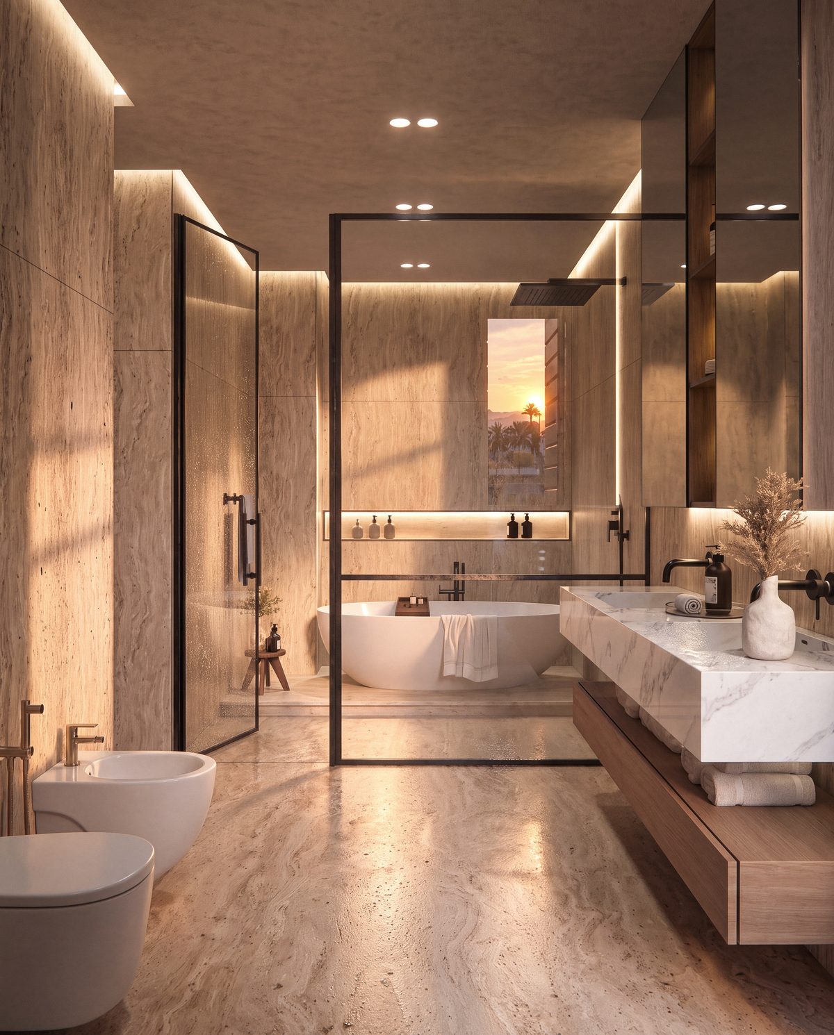 Salle de bain de la suite parentale d’une villa Eleven Park : baignoire îlot, douche à l’italienne, travertin