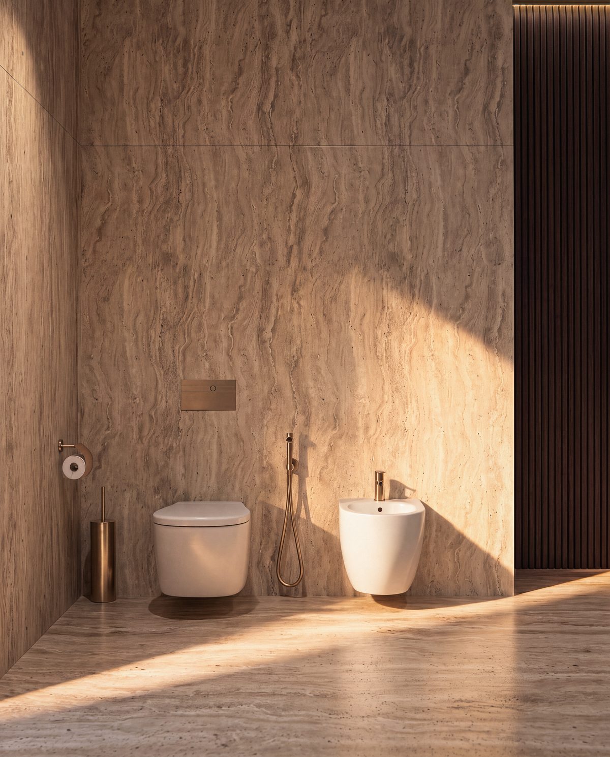 Salle de bain de la suite parentale d’une villa Eleven Park, murs de travertin