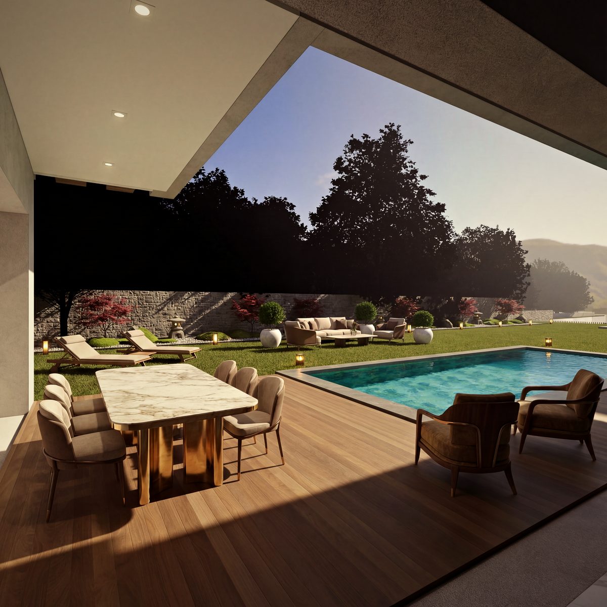 Terrasse couverte d’une villa Eleven Park, grande table face à la piscine et au jardin, route des Zaers