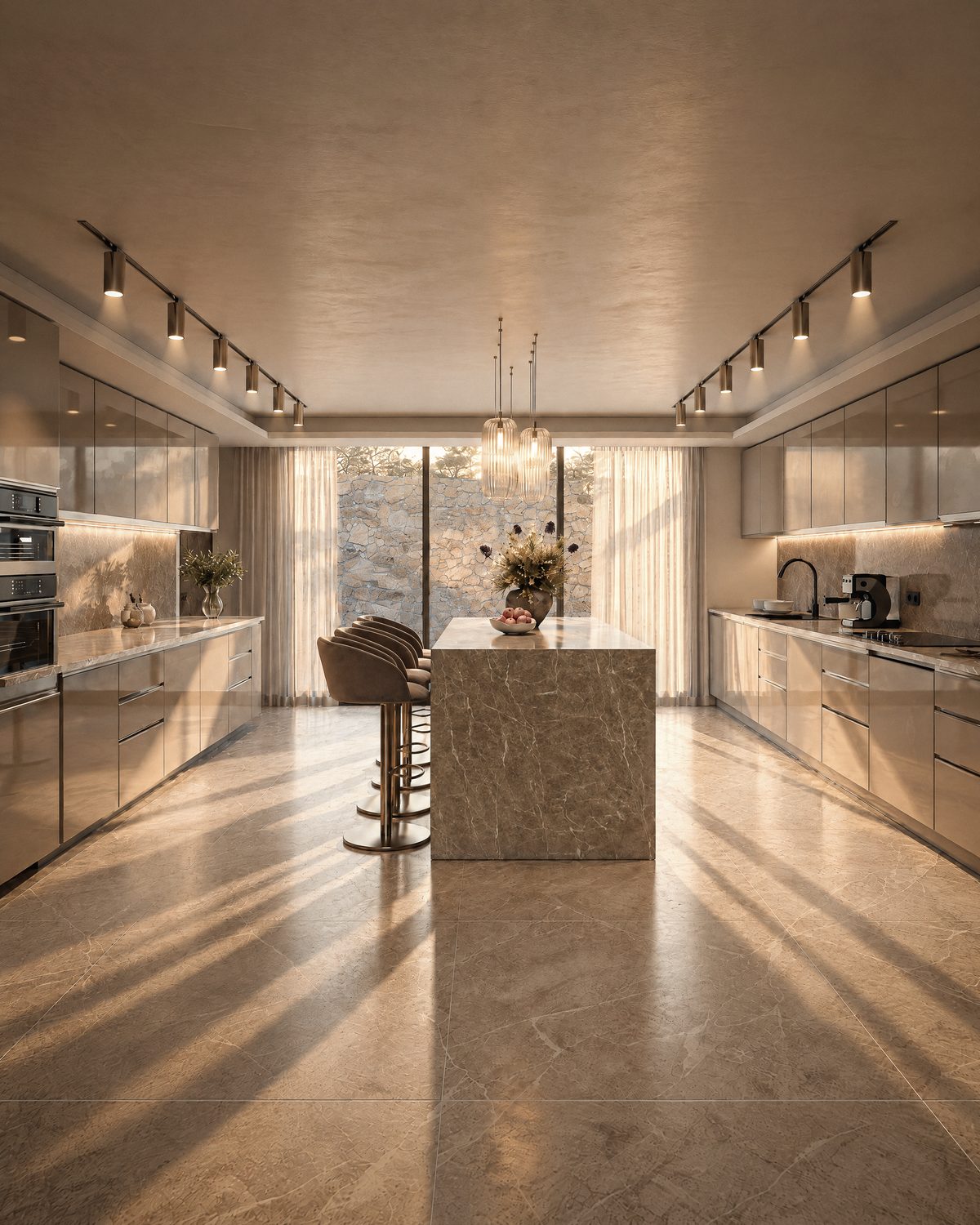 Cuisine d’une villa intimiste d’Eleven Park, îlot de marbre face à la baie