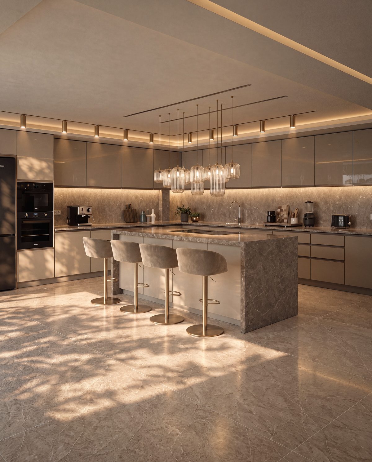 Cuisine d’une villa principale d’Eleven Park, îlot de marbre et façades laquées