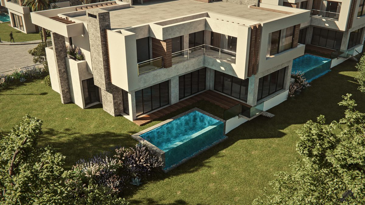 Villa 1 d’Eleven Park vue du jardin, avec sa piscine à débordement, route des Zaers, El Menzeh